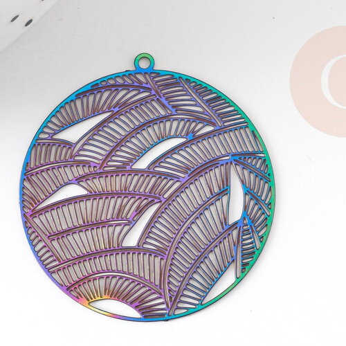 Pendentif estampe filigrane feuille acier multicolore, pendentif très fin et léger, 31.5x30,x2 (g4098)