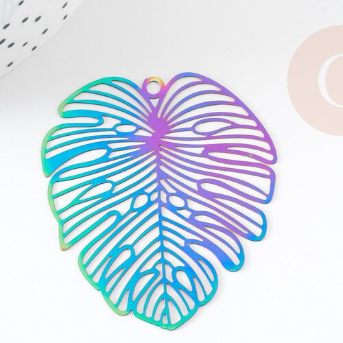 Pendentif filigrane feuille monsterosa acier 201 inoxydable multicolore 50x45mm,x2 (g4114)