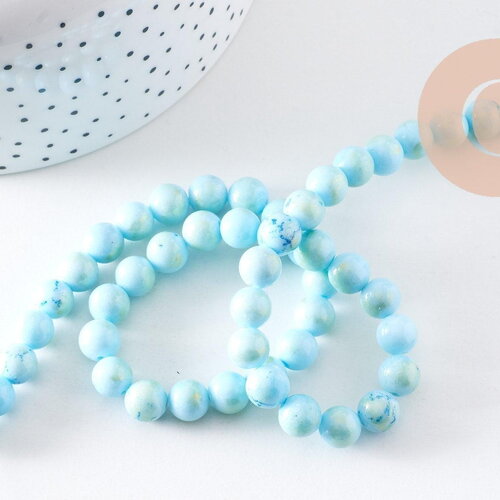 Perle ronde jade naturel turquoise et or 8mm, x1 fil de 40cm (g5211)