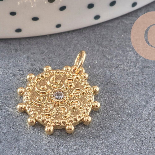 Pendentif médaille ronde soleil laiton doré zircon blanc, un pendentif doré avec cristal pour création bijoux,18mm, x1 (g4467)