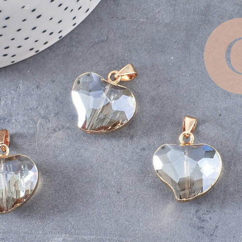 Pendentif coeur doré cristal transparent facettes,pendentif cristal, pendentif doré,création bijoux,20mm, x 2, g5044