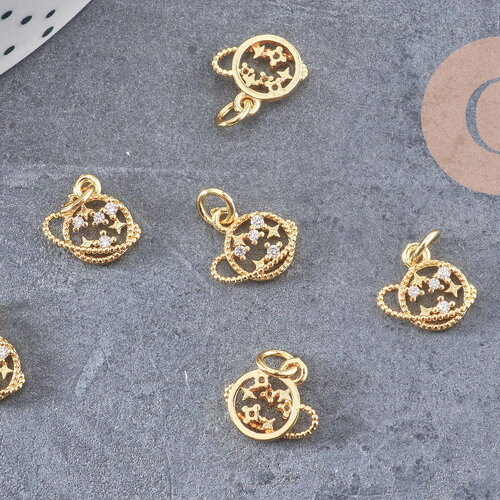 Pendentif rond planète et étoiles laiton doré 18k zircon, un pendentif doré avec cristaux pour création bijoux,10.5mm, x1 g5517