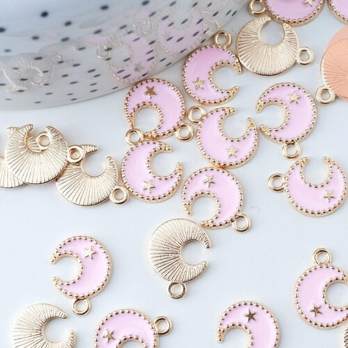 Pendentif lune zamac doré émail rose clair 16mm,pendentif doré pour création de bijoux, x5 g6093