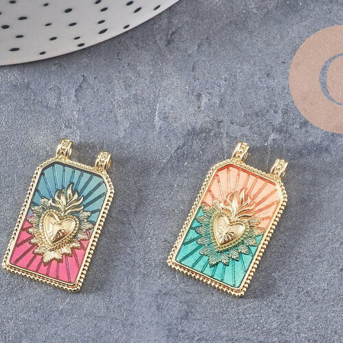 Pendentif rectangle émaillé coeur sacré laiton 18k 26.5mm, x1 (g10944)