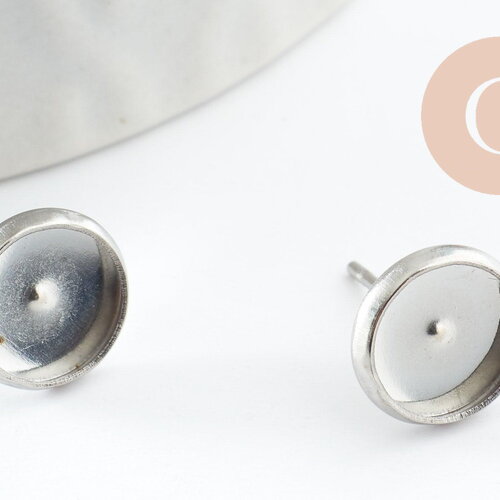 Clous-puces oreille support cabochon rond 8mm acier 304 inoxydable platine, x10 (g9597)