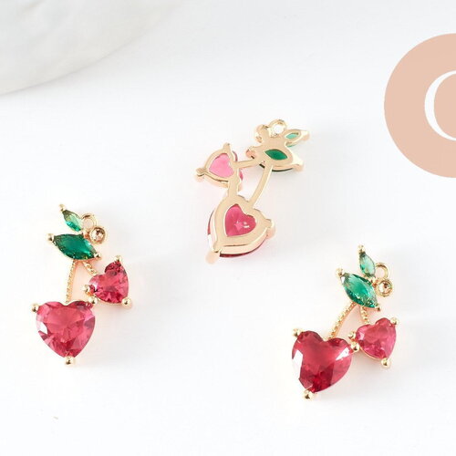 Pendentif cerise laiton doré zircons rouge et vert 16.5mm x1 (g8880)