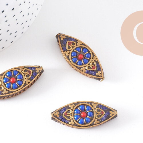 Perles indonésiennes manuelles, avec les accessoires en laiton, oeil de cheval, or, bleu x1 (g5755)