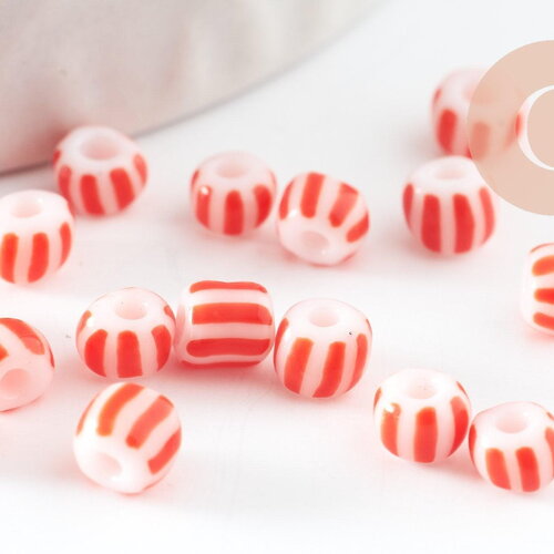 Grosse perle rocaille rayé rouge blanc 3-4.5mm, x 10gr (g9419)