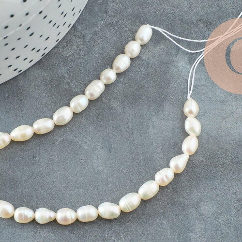 Perle naturelle blanche grain de riz 5-7mm grade a, x1 fil de 18cm (g6832)