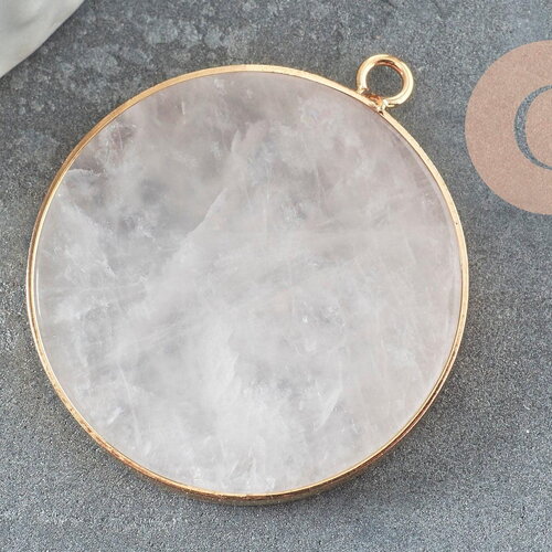 Pendentif rond quartz rose naturel laiton doré 35mm,x1 (g2174)
