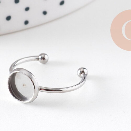 Bague réglable pour cabochon 8mm acier platine inoxydable 18mm, x1 (g10936)
