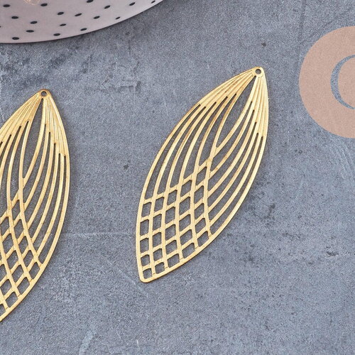 Pendentif estampe filigrane feuille ovale laiton brut 56mm, x2 (g10930)