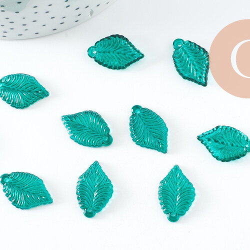 Pendentif feuille verre tchèque vert 22.5mm, x10 (g4192)