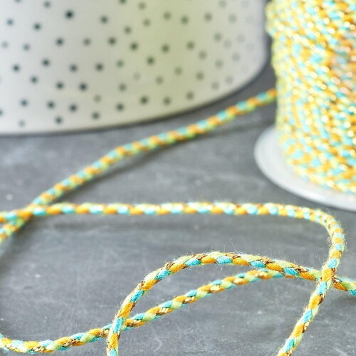 Cordon tressé vert jaune turquoise fil doré 1.5mm-2mm, x 1mètre (g8125)