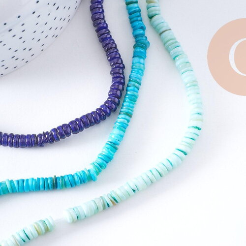 Perles coquillage bleu naturel heishi 5-6mm, x1 fil de 40cm (g3911)