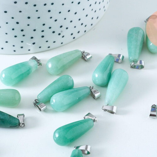 Pendentif goutte aventurine naturelle roulée acier inoxydable platine 28mm, x1 (g6171)