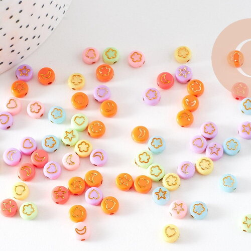 Perle ronde symboles plastique multicolore pastel doré, x10 grammes (g10557)