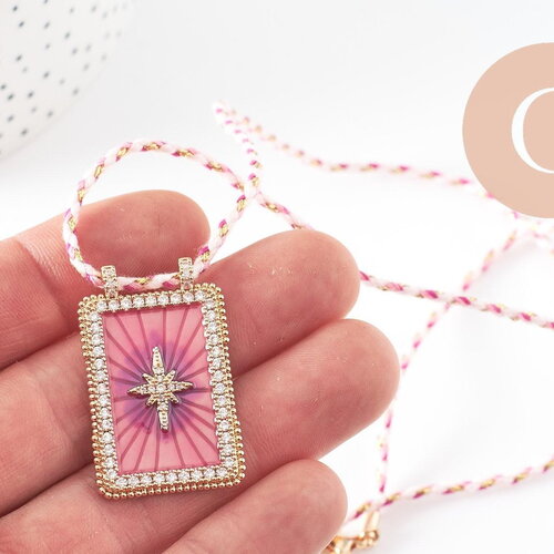 Collier médaille émaillée étoile rose violet zircon zamac doré, collier cordon tressé 45cm x1 (g9567)