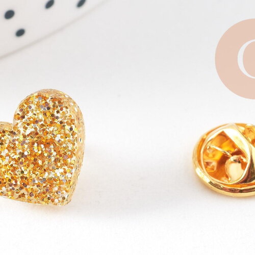 Broche pins coeur plexiglas doré à paillettes 20mm, x1 (g10532)