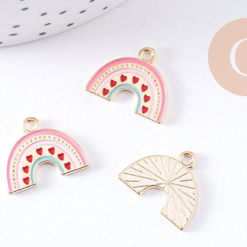 Breloque arc-en-ciel émail rose zamac doré 17.9mm, x2 (g10620)