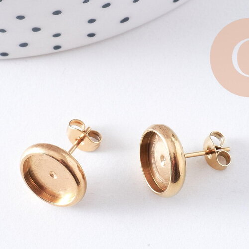 Clous-puces oreille support cabochon 10mm acier 304 inoxydable dore ip, x10 (g10609)