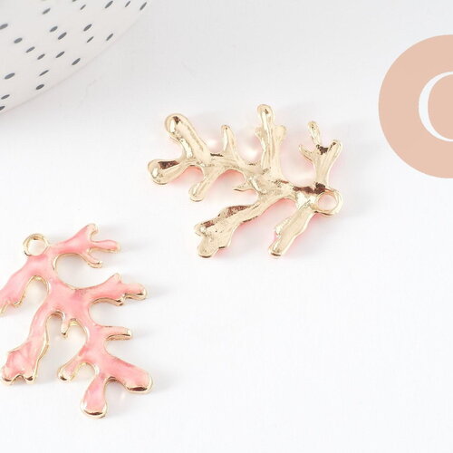 Pendentif branche de corail zamac doré émail rose 30mm, x1 (g9690)