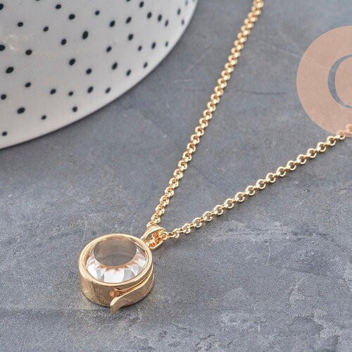 Collier locket rond porte-photo verre laiton doré 18k, x1 (g11087)