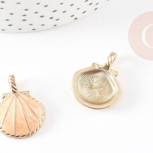 Pendentif coquillage zamac doré rose saumon 24.5mm, x2 (g1792)