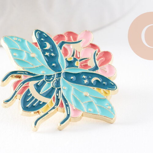 Broche pin's insecte émail multicolore zamac doré 34mm, décoration veste, broche insecte, x1 (g9978)