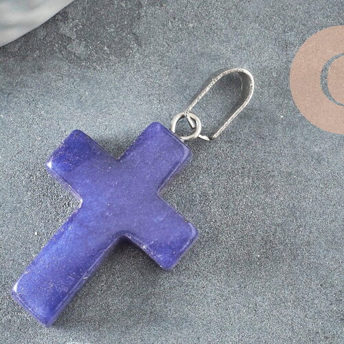 Pendentif croix jade naturel bleu acier inoxydable 29mm,pendentif pierre, support argent, x1 (g0499)