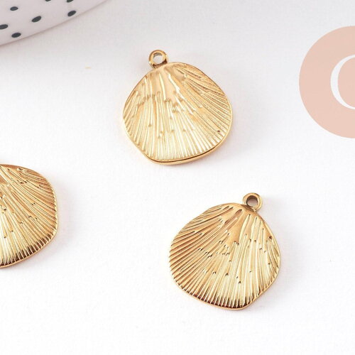 Pendentif coquillage feuille acier 304 doré inoxydable 18mm, x1 (g11005)