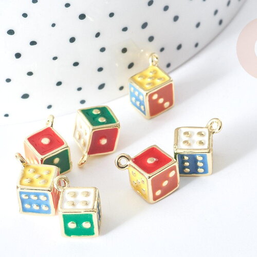 Breloque dé zamac doré émail coloré 13,5mm, création de bijoux fantaisie thème jeu hasard, x1 g8071