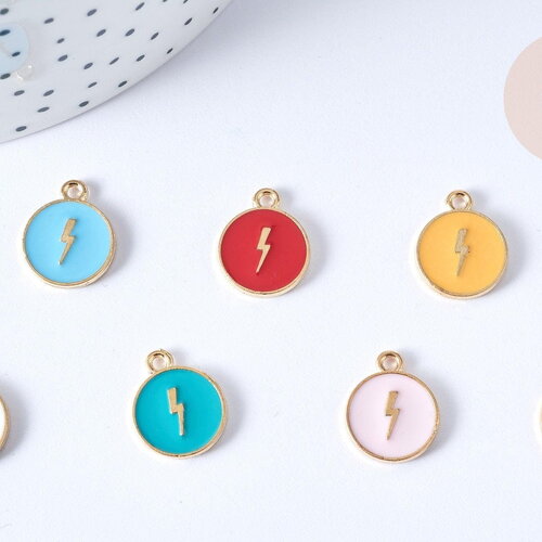 Pendentif médaille rond éclair émail zamac doré 16mm, x1 (g7943)
