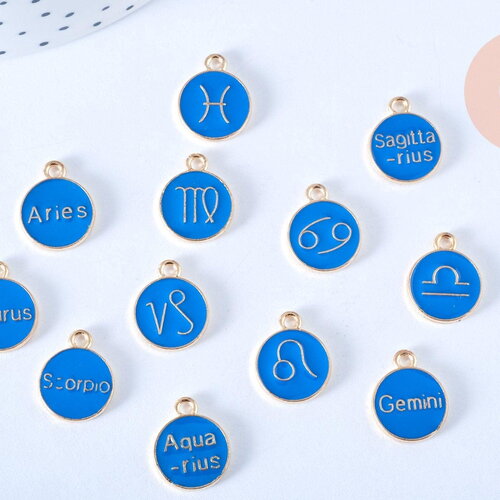 Pendentif rond constellation zamac doré zircon émail bleu 15mm, x1 (g6662)