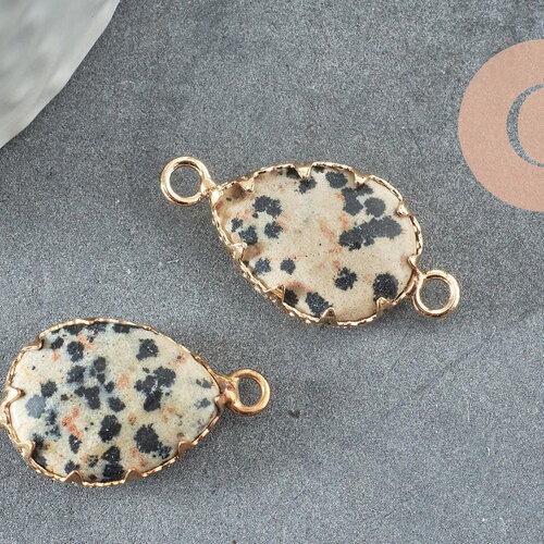 Pendentif connecteur jaspe dalmatien naturel laiton doré 27mm, x1 (g3795)