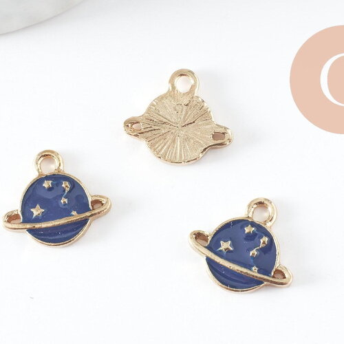 Pendentif médaille rond planète étoiles émail bleu zamac doré 13mm, x1 (g5919)