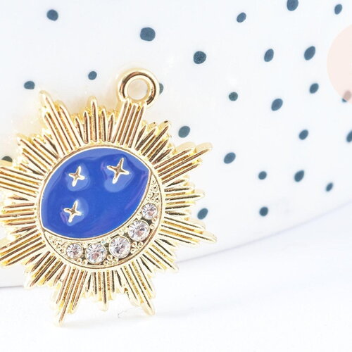 Pendentif soleil lune étoiles bleu zamac doré 18k cristal zircon 26mm, x1 (g6682)