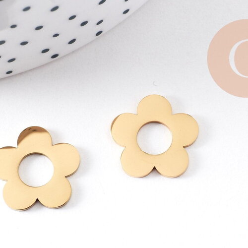 Pendentif fleur acier 304 inoxydable doré pvd percée 16mm, x1 (g10334)