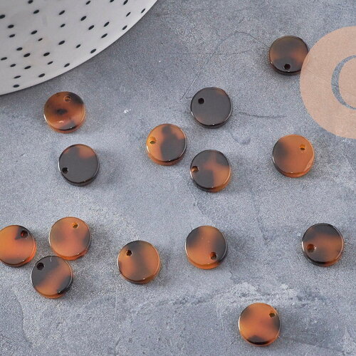 Pendentif rond marron acétate,perle acétate,connecteur plastique,10mm, x2 ou x10 (g2185)