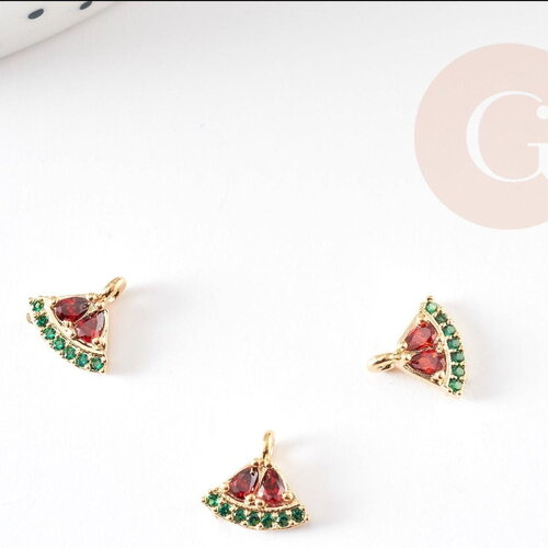 Pendentif pastèque fruit laiton doré zircons rouge vert 8mm, x1 (g9171)