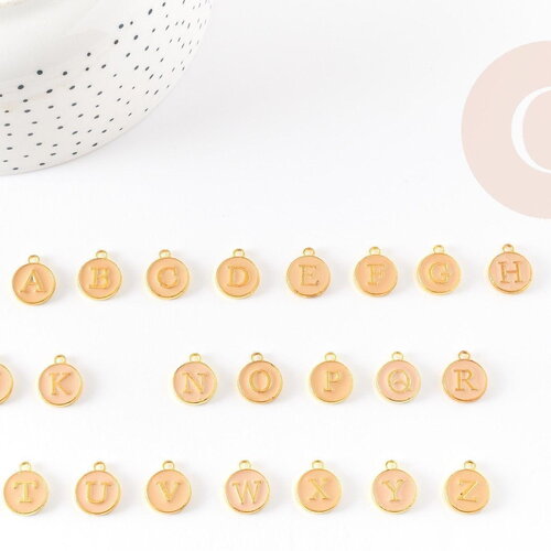 Pendentif rond zamac doré initiale émail beige 14mm, x1 (g3204)