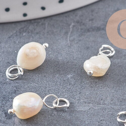 Breloque perle d'eau douce naturelle blanche acier 304 inoxydable platine 15mm, x1 (g10875)