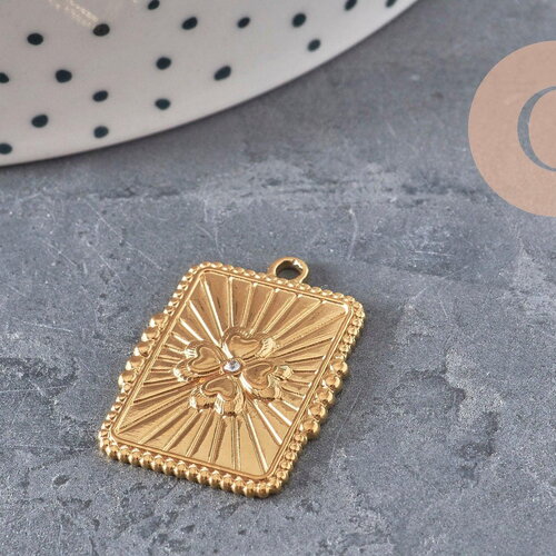 Pendentif rectangle trèfle 4 feuilles acier doré zircon 25mm, x1 (g11276)