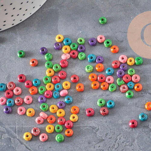 Perle rondelle bois multicolore 5x3mm, x5 grammes (g11298)