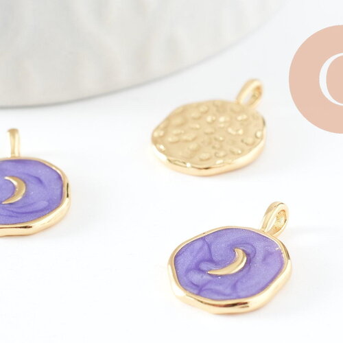 Pendentif médaille rond lune émail violet laiton doré 18mm, x1 (g4272)
