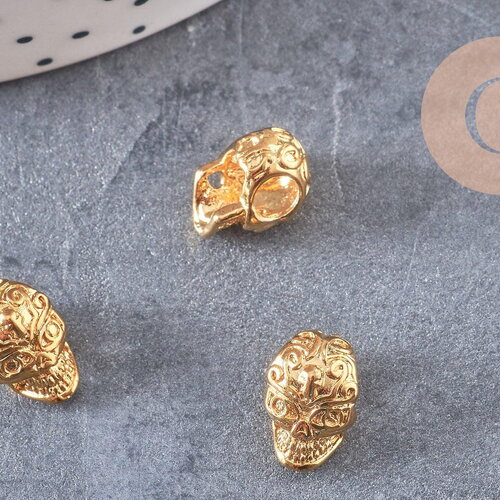 Perle tête de mort laiton doré 24k 12mm x1 (g6262)