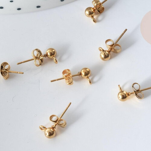 Clous puces oreille boule acier doré ip inoxydable 14k anneau et fermoir 4mm, x10-20 ou 50 (g7697)