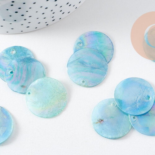 Pendentif rond nacre naturelle bleu irisé 25mm, x10 (g3969)