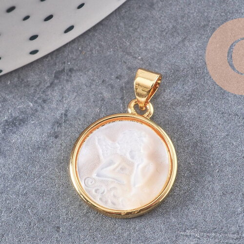 Pendentif médaille ronde ange laiton doré nacre 18.3mm, pendentif nacre et laiton doré pour création bijoux, x1 (g5526)