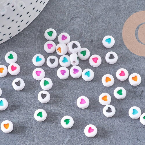 Perle ronde coeur coloré plastique blanc 7mm, perle ronde lettre,perle coeur, x 10gr (g1805)